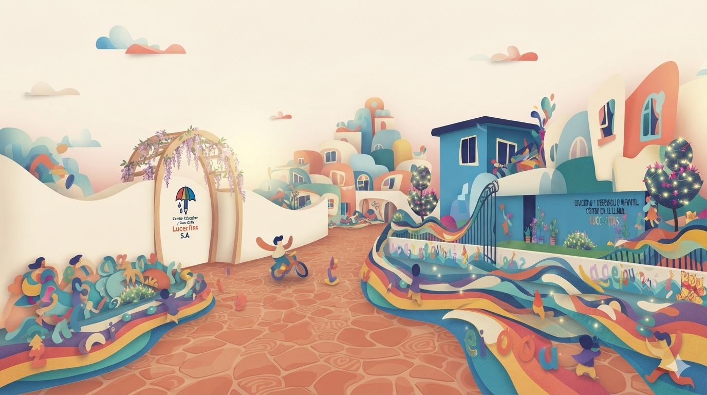 Ilustración colorida de la entrada del Centro Educativo y Guardería Lucecitas